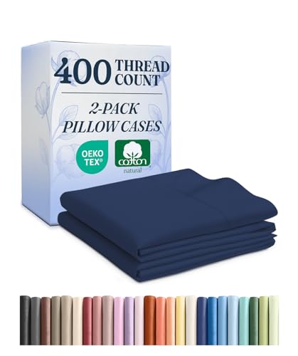 100% Cotton Pillow Cases Queen Size - Cooling, Breathable & Soft Pillowcase Covers Set of 2 - 400 Thread Count Cotton - Wrinkle Free - Machine Washable Protectors - Luxury Hotel Bedding - Navy Blue
