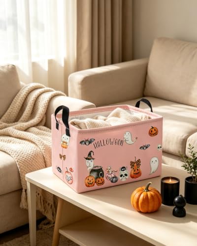 Image of Essme Rectangular Halloween Baskets,Ghost Storage Box,Cute Basket for Kids Room Decor, Book Bins,Shelf Basket.（Pink Ghost