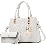 I IHAYNER Womens Leather Handbag and Wallet Set Top Handle Tote Satchel Shoulder Bag for Ladies with Pompom 2 Piece Purse Set-White