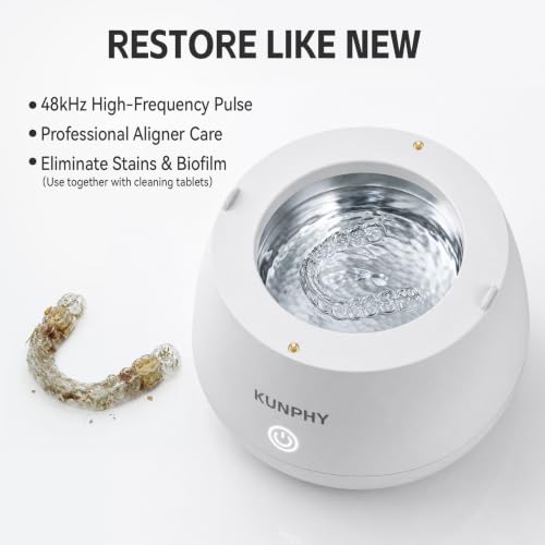 Image of Ultrasonic Retainer Cleaner Machine, 48kHz Dental Cleaning Pod Home | 4 LED Light 48KHz Ultrasound Portable Mouthguard Night Guard Cleaner, IPX7 Waterproof, Quiet 45dB, Overheat Protection, White