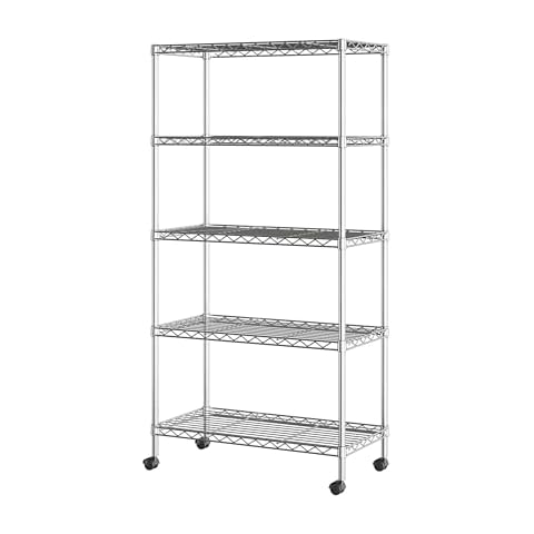 Seville Classics 5-Tier Wire Shelving with Wheels, 5-Tier, 30"" W x 14"" D (NEW MODEL), Chrome Plating, Plated Steel Cover