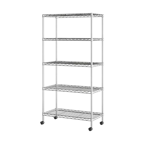 Seville Classics 5-Tier Wire Shelving with Wheels, 5-Tier, 30″” W x 14″” D (NEW MODEL), Chrome Plating, Plated Steel