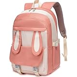 Pink Kawaii Backpack for School Girls Kids Elementary School Bag Cute Bunny Bookbag for Kindergarten Ages 6-8 8-10 10-12 8-12 Years Old Book Bag with Rabbit Ears Laptop Compartment Mochilas Para Niñas