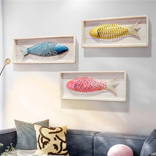 MENALGNDI Decoración de peces, arte de pared colgante de peces, decoración de pared de peces para temática náutica, tema de playa, casa del lago, juego de 3