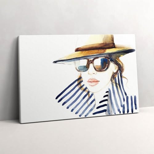 Tableau photo sur toile 60x40cm Wallfluent - Aquarelle femme à lunettes pour déco murale