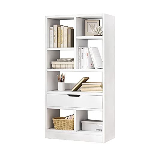 Iotxy Wooden Open Shelf Bookcase - 51 Inches Height Freestanding Display Storage Cabinet Organizer With 7 Cubes And A Drawer, Floor Standing Bookshelf In Warm White #TOP4