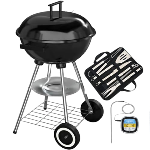 Barbecue à Charbon de Bois Rond Livona + 9 ustensiles + thermomètre | 4 pieds (stable) avec Couvercle (fumoir) et Roulettes, Noir, Acier Inoxidable, pieds chromés