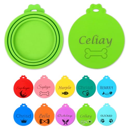 NGTSFLY Custom Name Pet Food Can Cover, Silicone Lids for Dog & Cat Food (Universal Size, Fits 3 Standard Sizes), 11 Colors Available (Green)