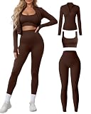 Simlakey Women 3 Piece Seamless Workout Set Sports Bra High Waisted Gym Yoga Leggings Zip Up Jacket with Thumbhole Activewear(Coffee,Large)
