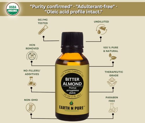 Image of Earth N Pure Bitter Almond Oil for Skin Care, Hair Care & Massage | for DIY, Aromatherapy & Beauty Use | Premium Quality, Cold Pressed, Multi-Purpose Oil 30ml