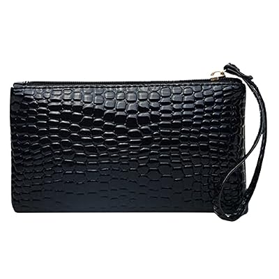 Donne dettaglio cerniera intorno lungo portafoglio Wristlet borsa pochette pochette glitter, Nero , taglia unica