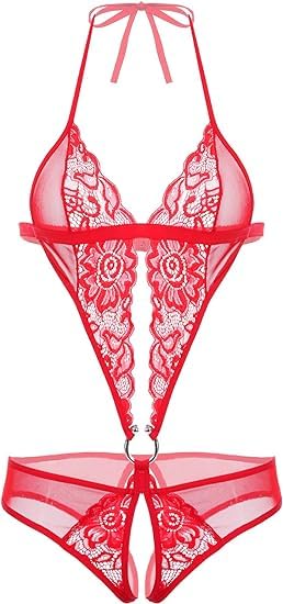 Image of Women Deep V Imported Lingerie Lace Teddy One Piece Babydoll Mini Bodysuit Sleepwear Swimwear