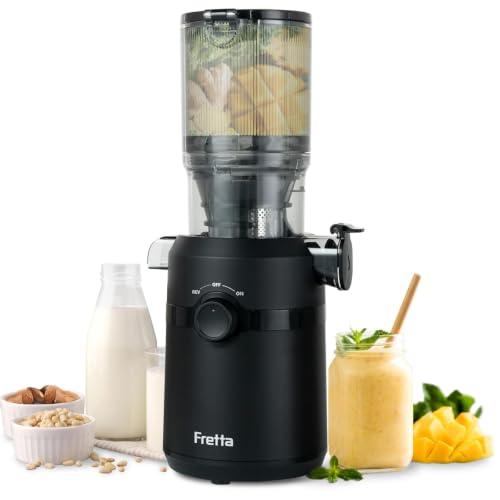 Extracteur de Jus, Fretta Extracteur de Jus de Fruits et Légumes Entiers, Grande Ouverture de 108mm Slow Juicer, 1L Capacité, Pression à Froid, Facile à Nettoyer, Sans BPA, 200W(Noir Satiné)