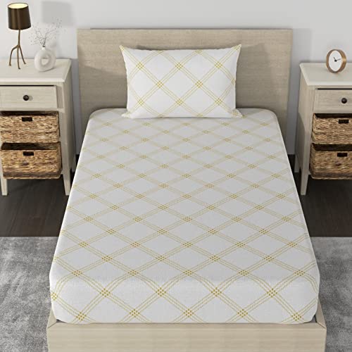 Huesland by Ahmedabad Cotton 210 TC Premium Elastic Bedsheet Single Bedwith 1 Pillow Cover | 3ft x 6.5ft | White (Yellow Pattern)