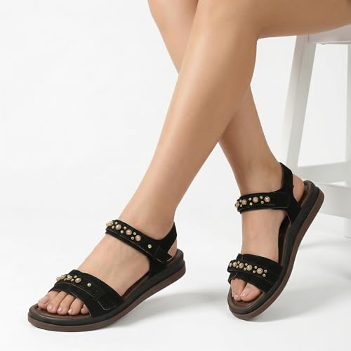Image of UBFEN Womens Flat Sandals with Adjustable Back Strap, Arch Support | Beaded, Open Toe, Slingback, Casual, Comfortable for Walking, Vacation and Travel