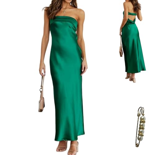 Image of Womens Strapless Satin Maxi Dress Backless Tube Dress | Strapless satin maxi dress with elastic back folded bust backless cut smooth drape and slim tube fit for events