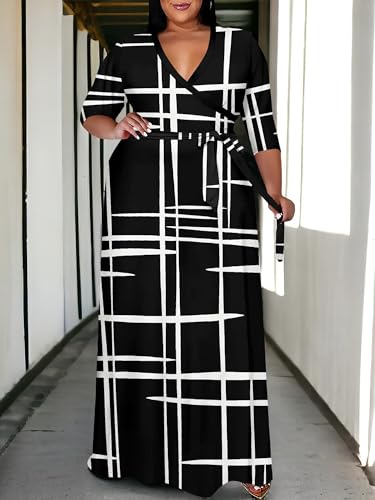 Image of PinkPatty Women's Plus Size Maxi Dress Print 3 /4 Sleeves V Neck Party Sundress Wedding Guest Dresses