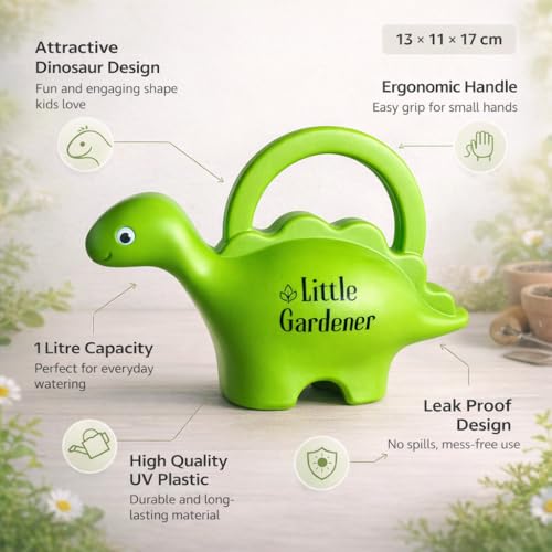 Image of Little Gardener Dinosaur Watering Can for Kids | 1 Litre | Plastic Dinosaur with Moving Eyes | Leak Proof, Lightweight, Easy Grip Watering Can | Kids Return Gifts