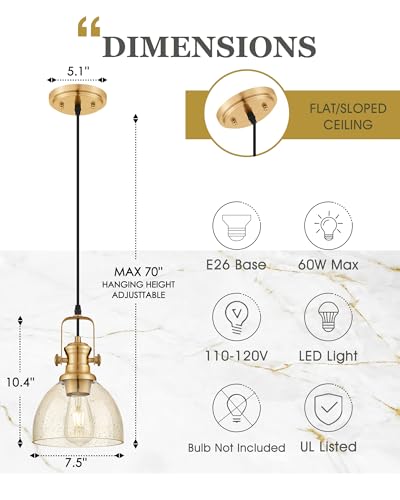Image of 2-Pack 7.5 inch Brushed Gold Pendant Light Kitchen Island, Amber Shade | Farmhouse Vintage Hanging Light Fixture for Dining Room, Amber Seeded Glass, Adjustable Hanging Height, AD-22151-1P2-GD-OR