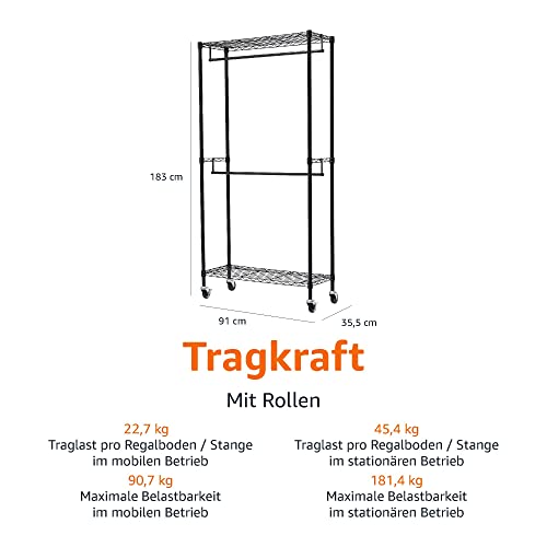 Amazon Basics Doppel-Kleiderstange Offen mit Rädern und Höhenverstellbaren Regalen - Maximalgewicht 181 kg, Schwarz, 91.0 x 35.5 x 183.0 cm (L x W x H)