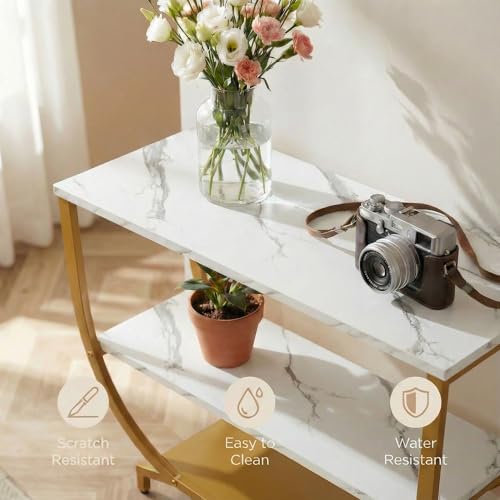 Image of Modern Console Table for Entryway, White Marble Finish Top with Gold Metal Frame | Narrow Console Table with Storage Shelf | Wooden MDF Console Tables for Living Room, Bedroom & Home Decor | DIY