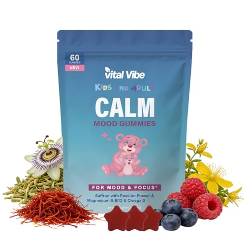 Calm Mood Gummies for Kids & Adults | Saffron Passion Flower Magnesium Omega-3 B12 | Supports Mood & Focus | 60 Raspberry Flavour Gummies | Vegan & Gluten Free