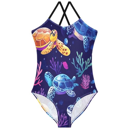 Pigsaly Girls One Piece Swimsuits Colorful Turtles Underwater Purple Kids Cross Back Swimwear Beach Sport Bathing Suit 3T