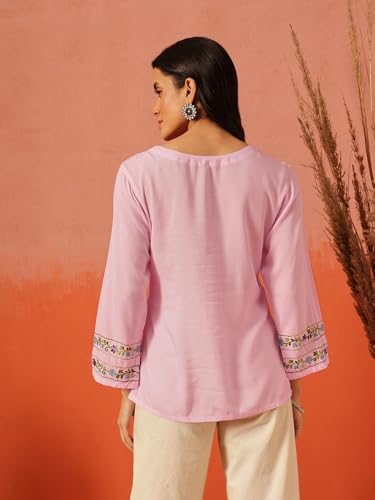 Image of QAZMI Women's Amina Kashmiri Embroidered V-Neck Short Kurti
