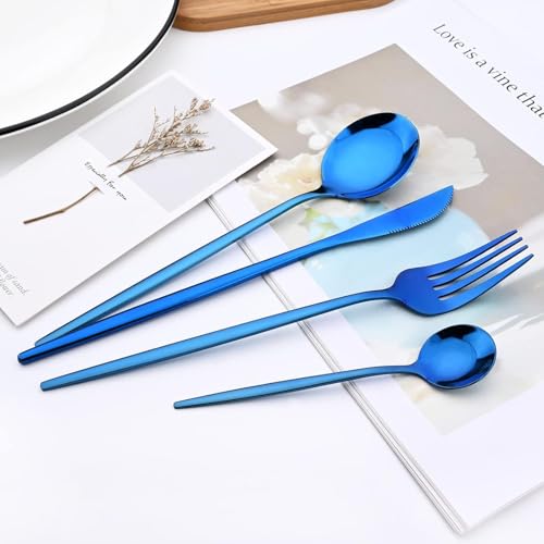 Image of 24 pcs Flatware Set, Blue Silverware Set for 6, Knife Fork Spoon, Stainless Steel Home Dinnerware Tableware,Mixed Cutlery Set Eating Utensils for Restaurants(24 Pcs Blue)