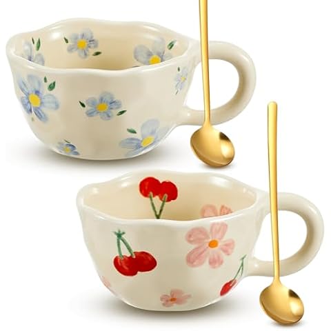 Vesici 2 Pcs Ceramic Coffee Mugs Flower Cups with Spoon Vintage Floral Mugs with Handle 8.5 oz Aesthetic Tea Porcelain Cup Gift for Valentine Office Home, Dishwasher and Microwave Safe(Lovely) Cover