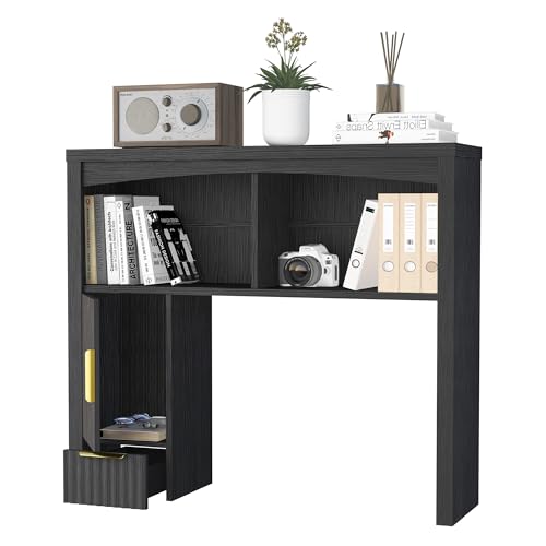 Homiflex Desktop Shelf, Wooden Desk Hutch with Storage, Desktop Bookshelf with Cabinet and Drawer, Office Desk Organizer, Space-Saving Organization, Over Desk Storage Shelves for Home, Dorm, Black