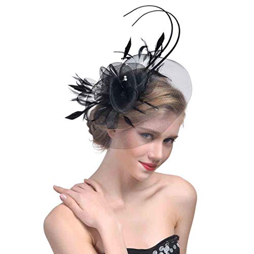 Femme Bibi de Cérémonie Petit Chapeau de Mariage Fascinator Chapeau Nuptiale Plume Elégant avec Voilette Coiffure Serre Tête Bandeau Mariée Épingle à Cheveux pour Soirée Déguisment Cocktail Bal