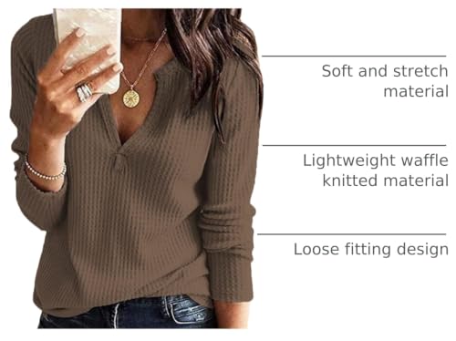 Image of Famulily Womens Long Sleeve Tshirt V Neck Loose Fit Soft Waffle Knit Thermal Tops