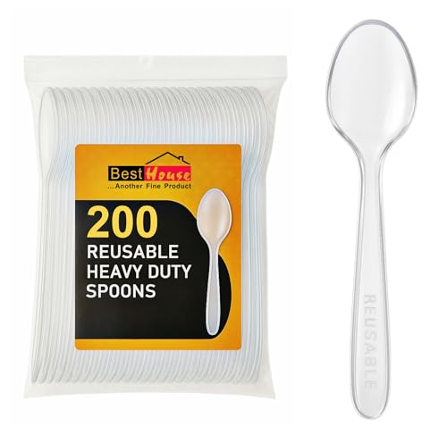 BH | Reusable Plastic Clear Spoons | Pack of 200 | Durable Washable Cutlery Spoons Set | for Weddings, Events, Birthday, Parties, Picnics, BBQ's, Camping, and Everyday Use - by Best House