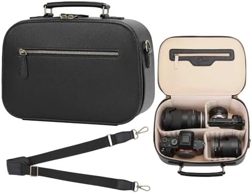 Camera Sling Bag, Waterproof PU Leather Crossbody Camere Bag for Photographers, Small Shockproof Case with Removable Dividers for DSLR/SLR/Mirrorless, 5L Black