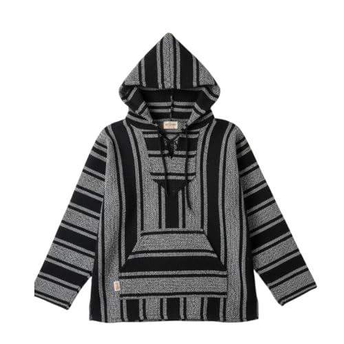 BAJA STYLES Mexican Baja Hoodie for Men and Women, Baja Pullover Sweater, Made from Repurposed Material Blend, Acrylic, Polyester and Cotton Yarn White/Black