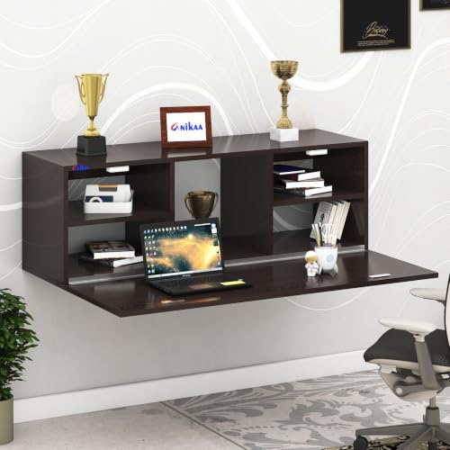 Image of Anikaa EduDesk Wall Mounted Foldable Study Table with Storage Shelves, Floating Wall Desk for Home Office, Laptop & Computer Desk, Engineered Wood, Space-Saving Fold-Down Workstation (DIY Assemble).