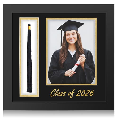 Amyhill Graduation Photo Frame 46 Inch with Tassel Holder for Pictures Photo Frame Elegant Black over Gold Double Mat Graduation Party Decorations Class of 2027 Gift