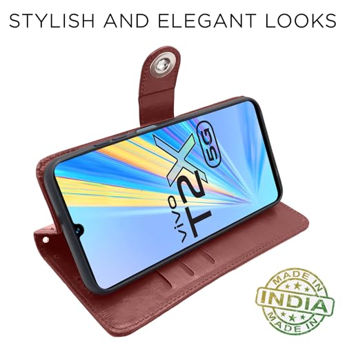 Image of Pikkme Vivo T2X / Y16 / Y56 5G Flip Cover Leather Finish | Inside TPU with Card Pockets | Wallet Stand and Shock Proof | Complete Protection Button Flip Case (Brown)