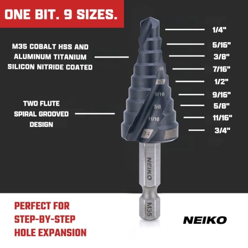 Image of NEIKO 10608B Step Drill Bit, 9 Steps 1 /4 inch to 3 /4 inch Spiral M35 Cobalt, AlTiSiN Coated, 1 /4 inch Quick Change Step Bits for Steel, Metal, Wood, Plastic, Unibit Cone Drill Bits, Two Flute