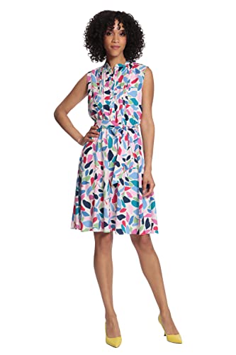 Image of Maggy London Women's Women's Leaf Printed Sleeveless Shirt Dress with Pleated Bodice and Waist Tie