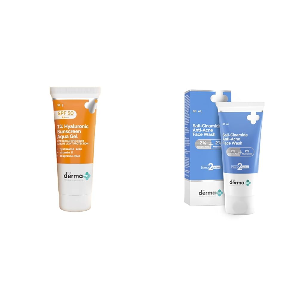 1% Hyaluronic Sunscreen SPF 50 Aqua Gel, PA++++, Lightweight & The Derma Co Sali-Cinamide Anti-Acne Face Wash with 2% Salicylic Acid & 2% Niacinamide - 80ml