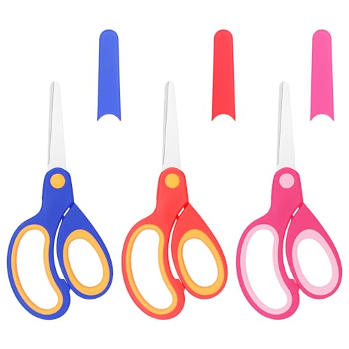 Frepxzlk Tijeras para zurdos para niños, tijeras de seguridad para manualidades con cubiertas de tijera, asas seguras y cómodas, adecuadas para estudiantes y niños pequeños para manualidades de corte