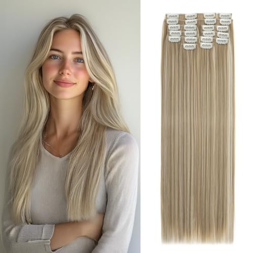 Benehair 22" Clip in Hair Extensions 12 Pcs Long Straight Hair Extensions Clip in Synthetic Fiber Natural Extension Light Brown mix Ash Blonde Hair Piece for Women(Light Brown mix Ash Blonde, 180g)