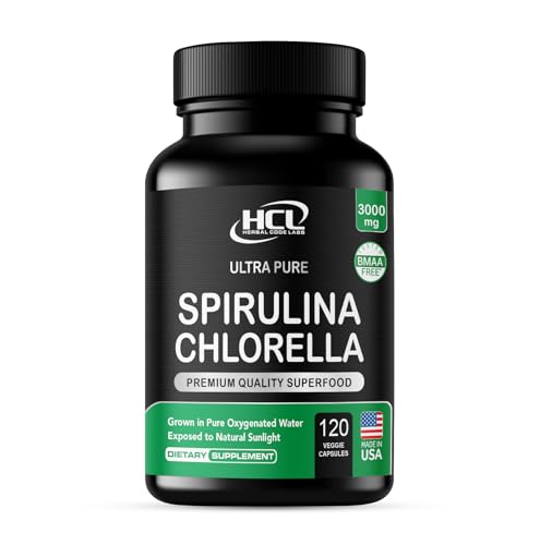 Chlorella Spirulina Powder Capsules 3000 mg of BMAA Free Purest Blue Green Algae - Best Natural Detox Raw Vegan Vitamins Protein Green Superfood - Made in USA