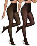 OEAK Womens 2 Pairs Fleece Lined Tights Fake Translucent Pantyhose Thermal Opaque High Waisted Warm Legging Pants Footed Sheer Tights Black+Brown 300g(Thick Fleece) S/M