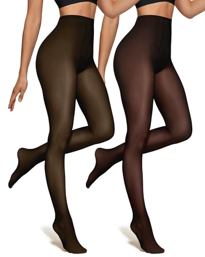 Image of OEAK Womens 2 Pack Fleece Lined Tights Fake Translucent Pantyhose Thermal Opaque High Waisted Leggings Footed Sheer Tights