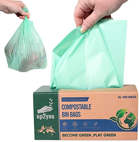 100% Biodegradable Bin Bags Food Waste Bin Bags with EN13432 Certification Leakproof Supper Strong Heavy Duty Compostable, Biodegradeable Bin Bags (6L-150 Bags)
