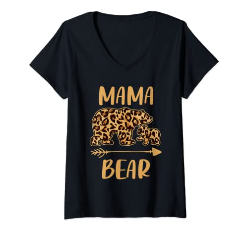Womens Leopard Matching Family Outfits, Funny Mama Bear One Cub V-Neck T-Shirt