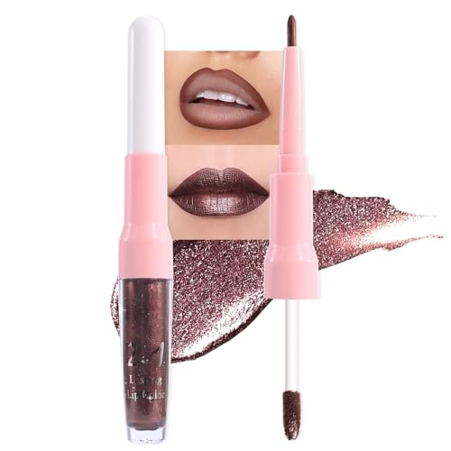 Image of evpct Dark Brown Metallic Glitter Lip Liner and Lipstick Combo Lip Gloss Stain Set Makeup for Women Long Lasting Waterproof 24, Chocolate Metallic Shimmer Frosted Iridescent Shiny Liquid Lipstick 11
